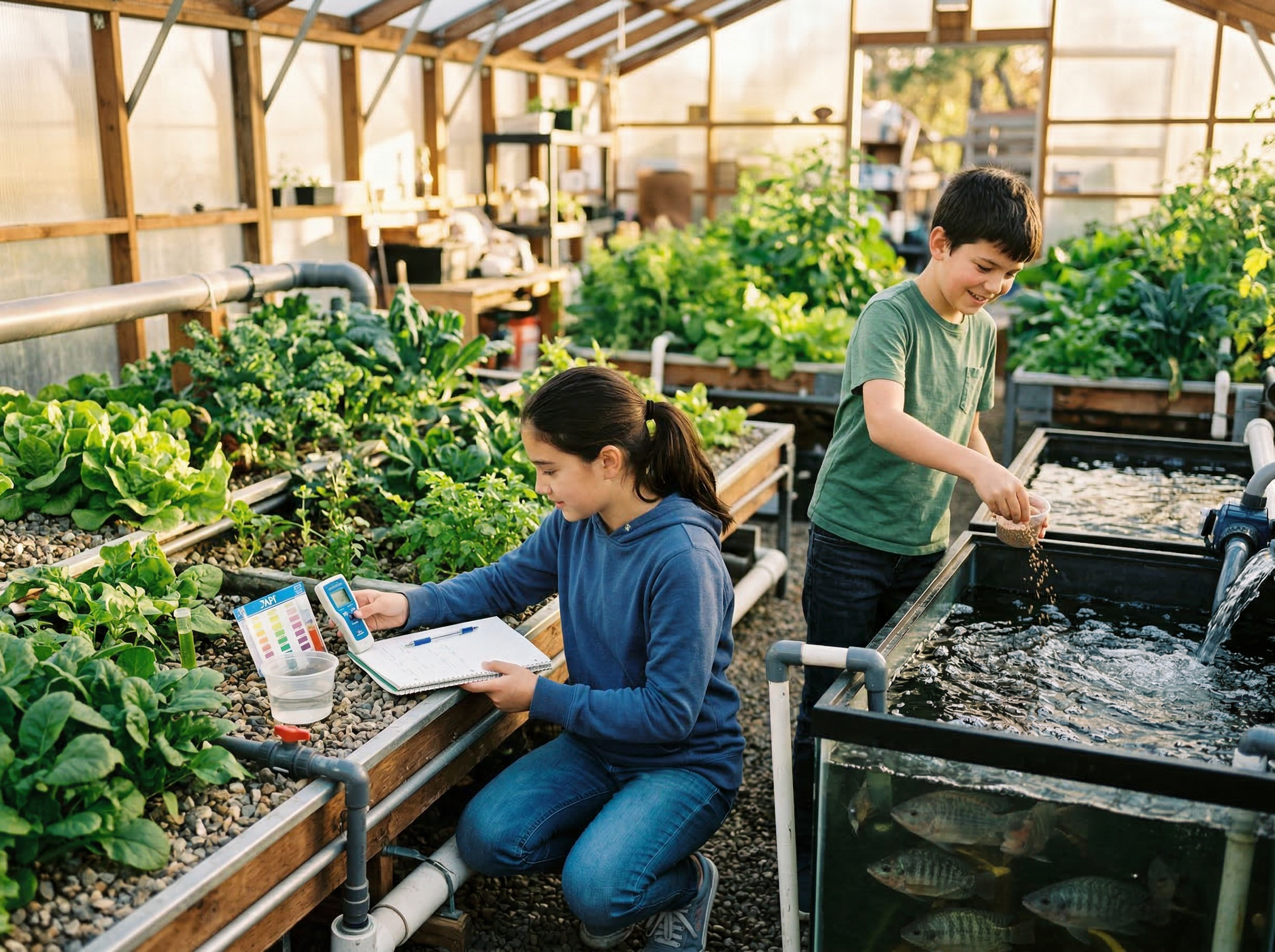 Children tending to an aquaponics system in a greenhouse, testing water quality and feeding fish