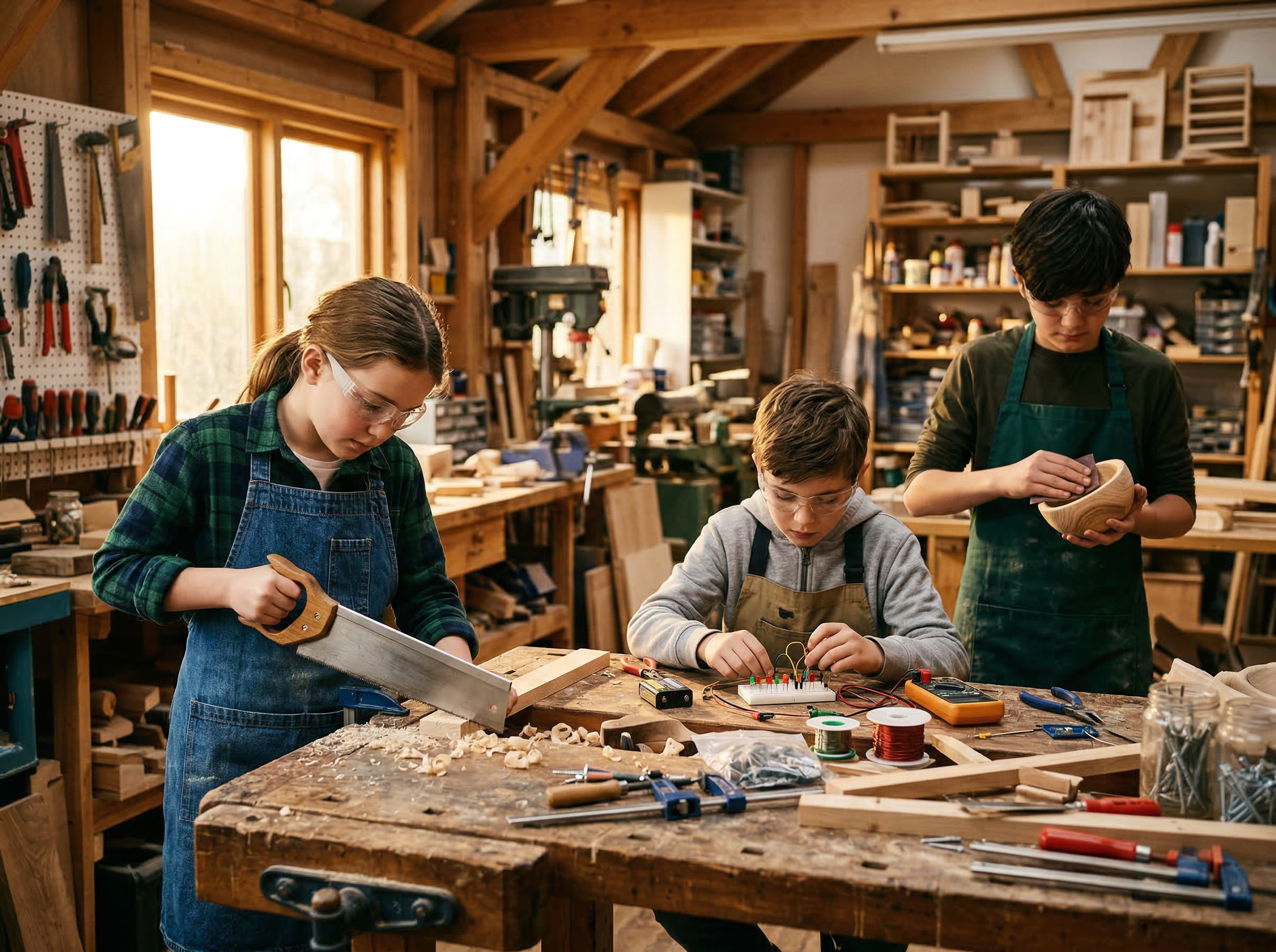 Children in a maker workshop using hand tools, working on woodworking and electronics projects